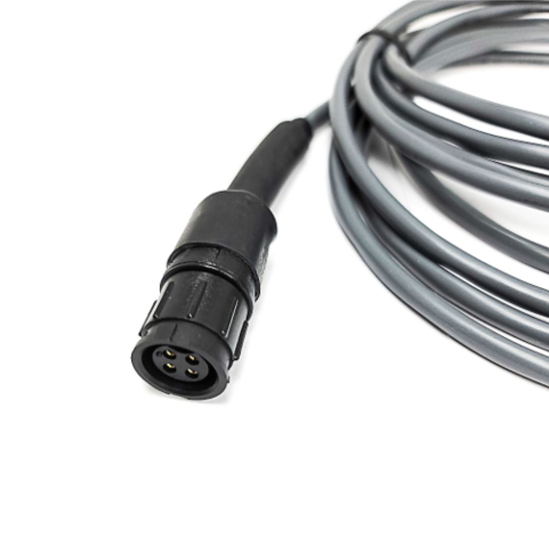 Close-up of a black, multi-pin connector attached to a coiled gray Raven 12' Extension Cable for NH3 On/Off Valve against a white background, ideal for Raven NH3 Accuflow systems.