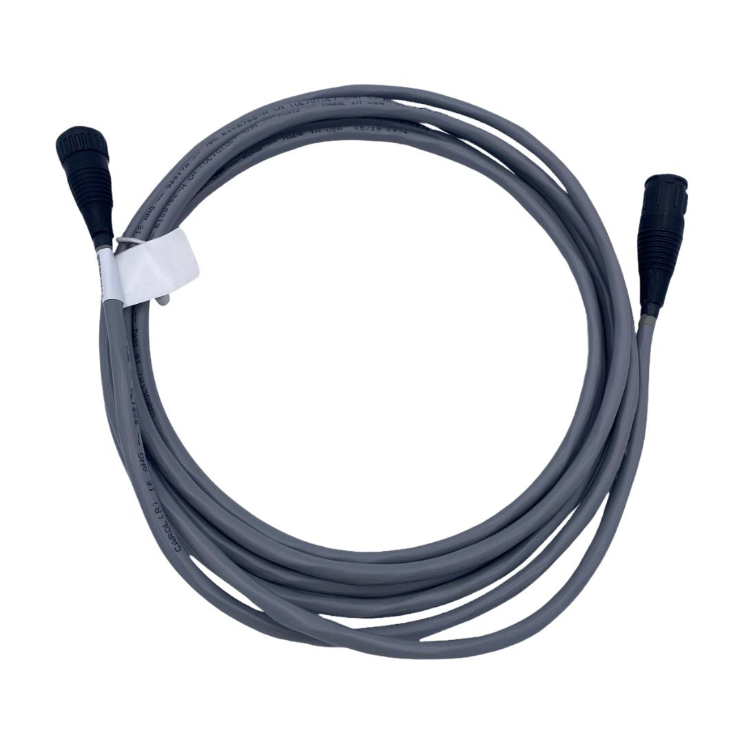 The Raven 12' Extension Cable for NH3 On/Off Valve is a coiled gray cable featuring black connectors on each end and secured with a white strap, designed for compatibility with Raven NH3 Accuflow systems.