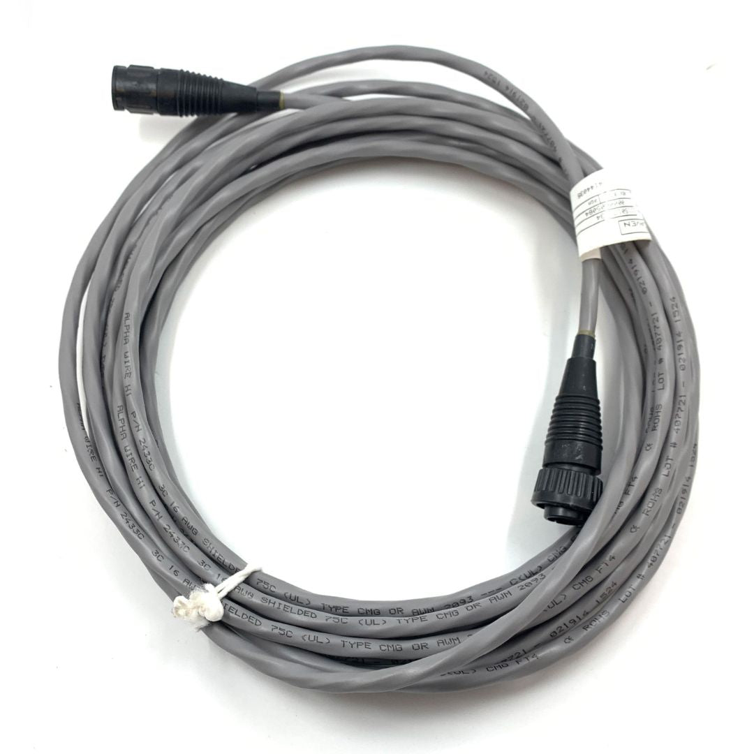 A 24-foot coiled gray Raven Extension Cable for NH3 On/Off Valve with black connectors at both ends, displayed on a white background. The cable features text markings along its length.