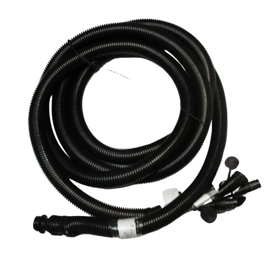 A coiled black corrugated hose featuring connectors and fittings is displayed on a white background, perfectly suited for integration with the Raven 12' Flow Cable 6 Valve System.