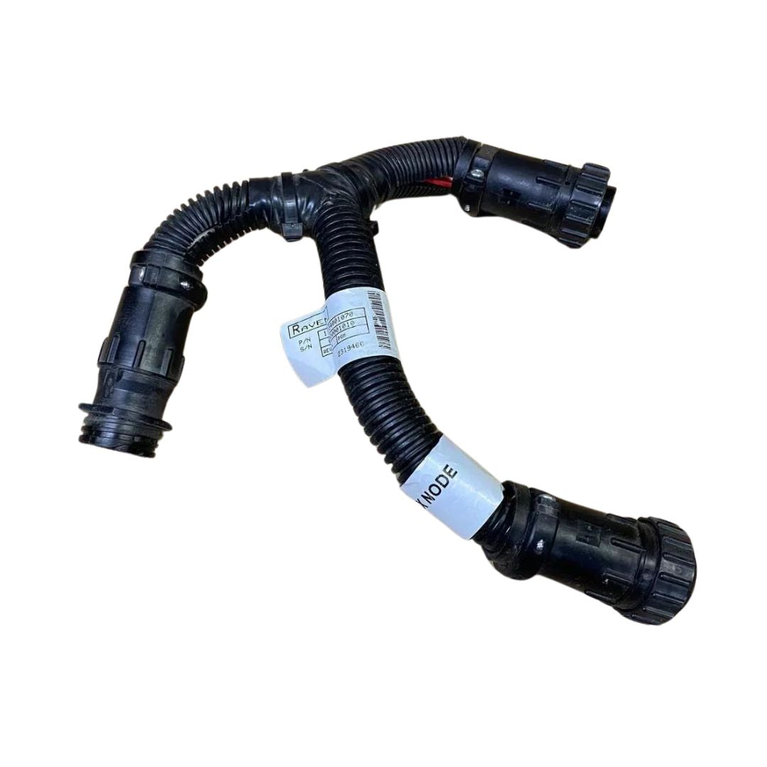 The Raven 6" Tee SmarTrax to Cab Cable is a durable wiring harness with three connectors and labeled tags.