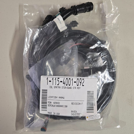A Raven SmarTrax Quad-Steer cable (115-4001-092) coiled in a clear bag with a white label and barcode on front.
