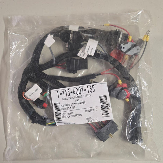 A sealed bag with a labeled Raven Node Harness - Power CAN Chassis (115-4001-165) featuring colored wires and connectors.