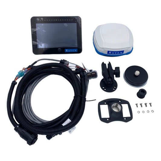 A Raven CR7 Field Computer W/500S Receiver kit by Raven includes a monitor, cables, mounting hardware, and other components all laid out on a white background, ready to serve as a powerful field computer solution.