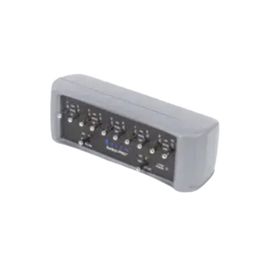 The Raven CAN Switch Box Kit - For Envizio Pro II™ (117-5020-001) is a compact gray electronic device featuring multiple switches and ports on the front panel, designed to be compatible with agricultural equipment like the Raven Envizio Pro II.