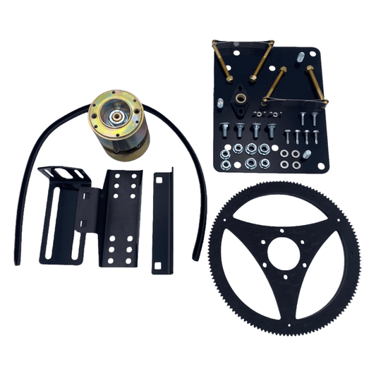 The Raven SmarTrax MD Generic Install Kit - 5/8" 36 Tooth (117-5030-022), featuring a gear, motor, brackets, screws, and other precision control components for automated steering systems, is arranged on a white background.