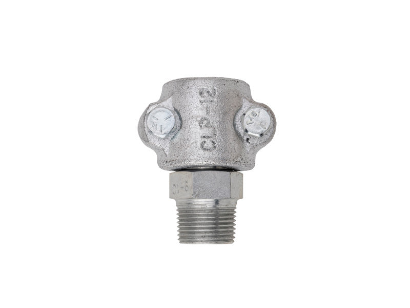 The Continental Hose Coupling 3/4" MPT 2-Bolt Clamp Type features a threaded connection and two bolts on each side, demonstrating exceptional rust and corrosion protection against a plain white background.