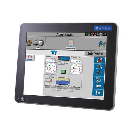 The Raven Viper 4+ Field Computer Kit (117-5010-010B) by Raven includes a high-resolution touchscreen control panel that displays various gauges, settings, and a job profile interface for agricultural or industrial machinery. Additionally, the system provides multiple connectivity options for seamless integration.