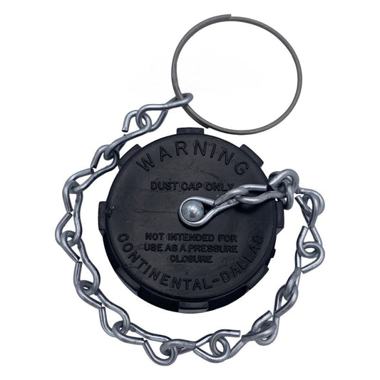 The Continental NH3 1-3/4" ACME Replacement Dust Cap with Chain is engineered for cryogenic applications and showcases a black circular design complete with a safety chain and metal ring. Warning text is engraved on its surface to ensure secure use in agricultural fittings.