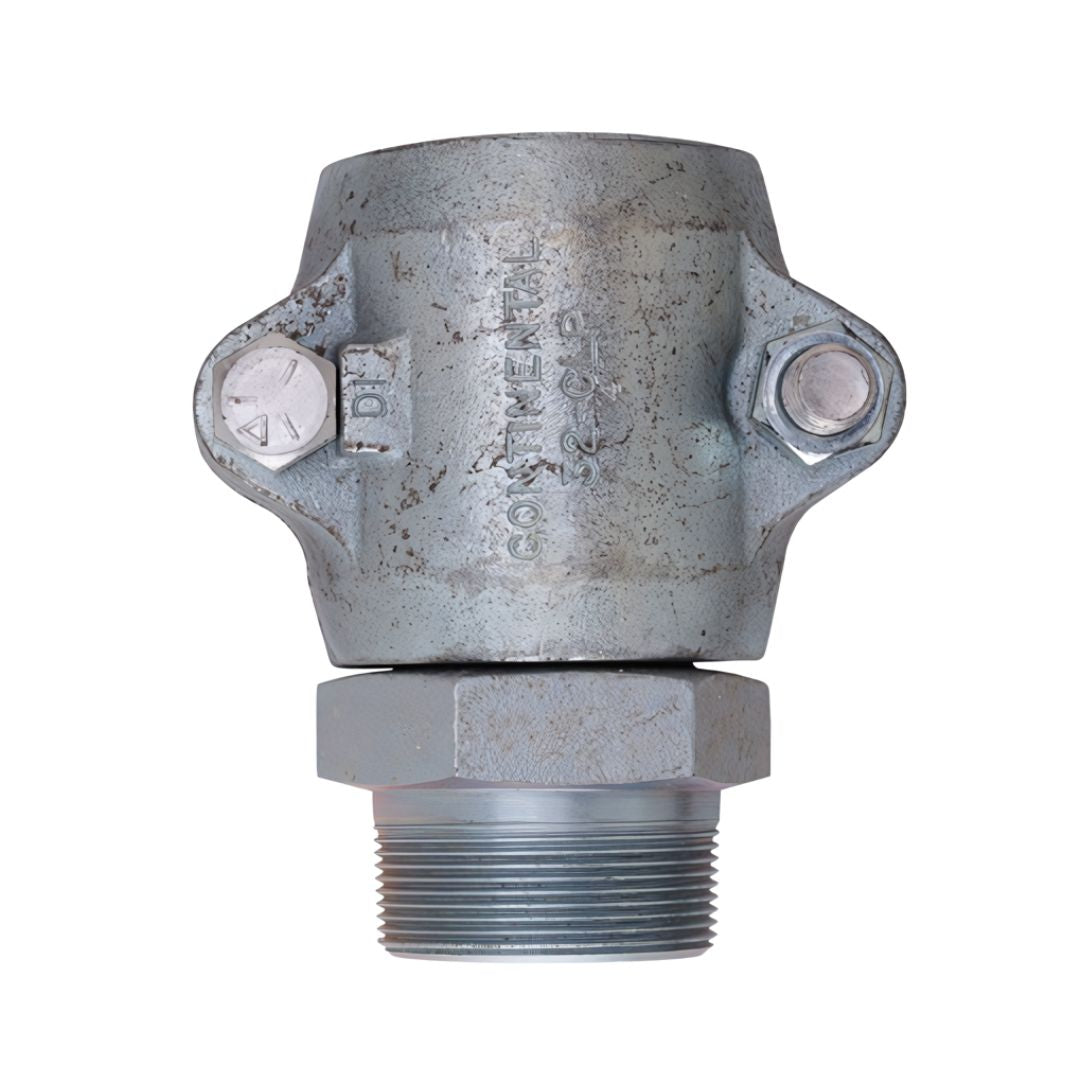 The Continental Hose Coupling 2" x 2" MPT 2-Bolt Clamp Type is a metallic pipe fitting with engraved text, featuring a cylindrical shape and two bolt attachments, ideal for agricultural applications.