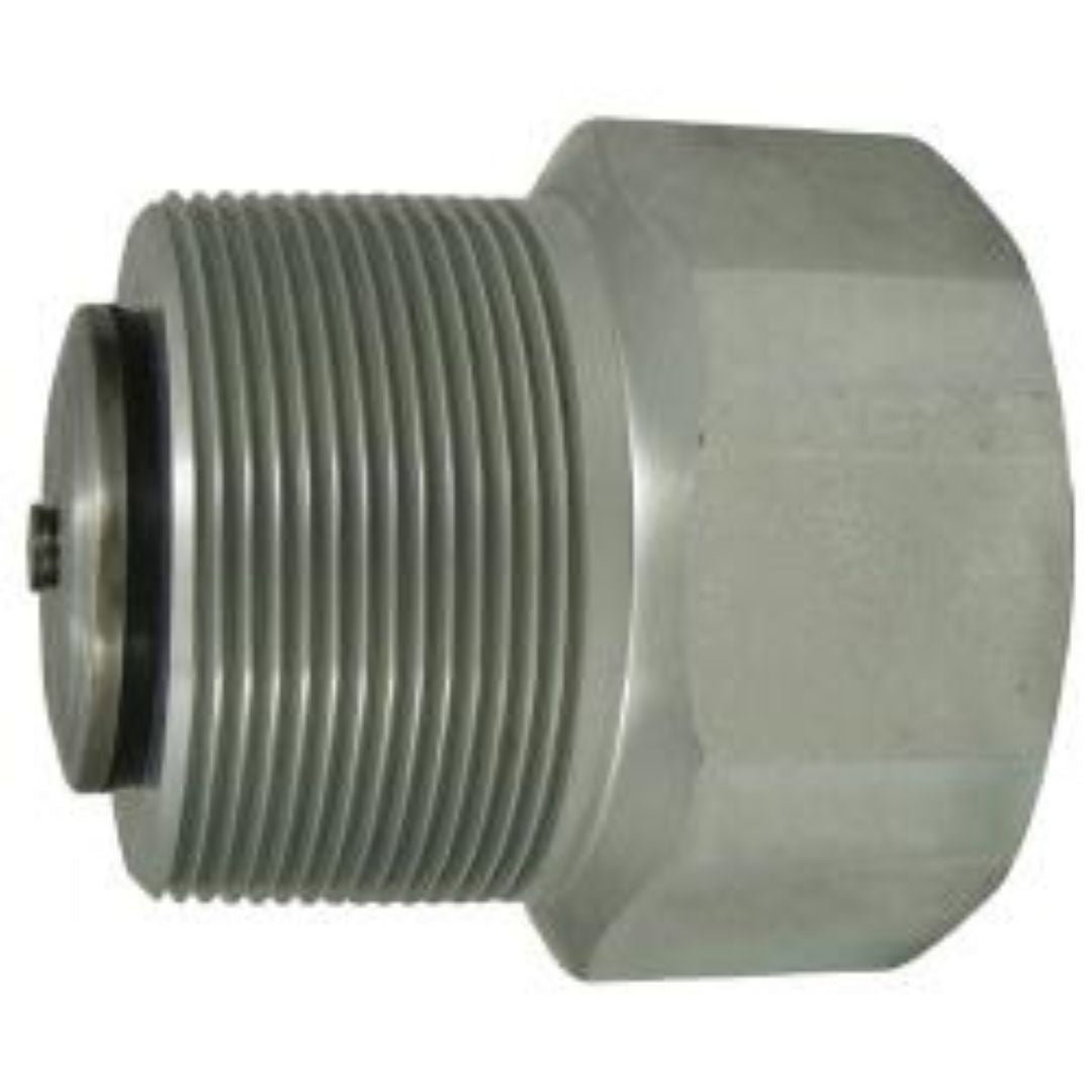 Close-up of a silver hexagonal threaded plug with a rubber gasket on one end, designed for sealing or securing fittings.
