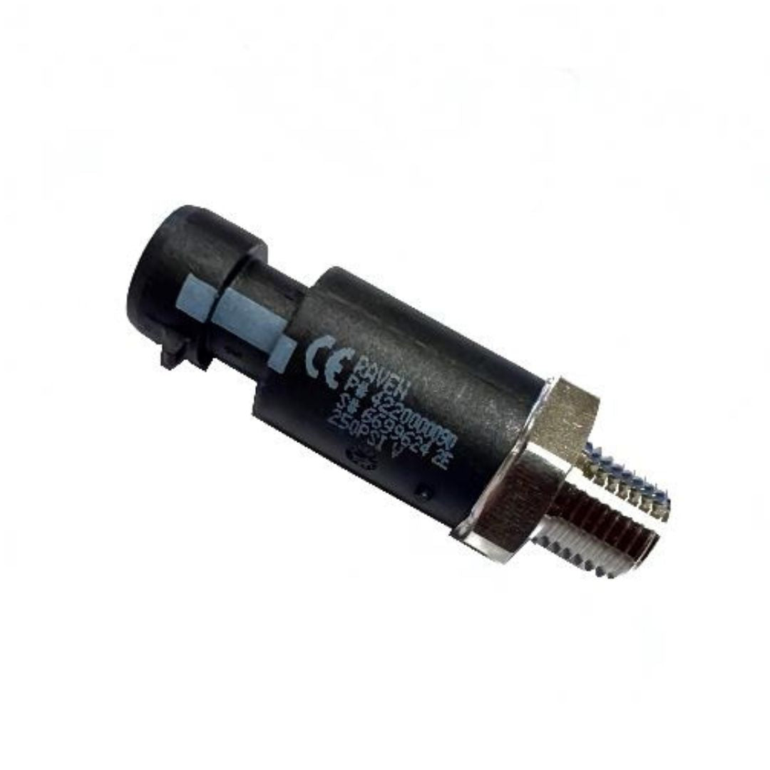 Close-up of a black and silver Raven Pressure Transducer, featuring a threaded end and CE markings, isolated on a white background. This Raven Pressure Transducer / Sensor 0-250 PSI, Metripack is designed for accurate measurements up to 0-250 PSI.