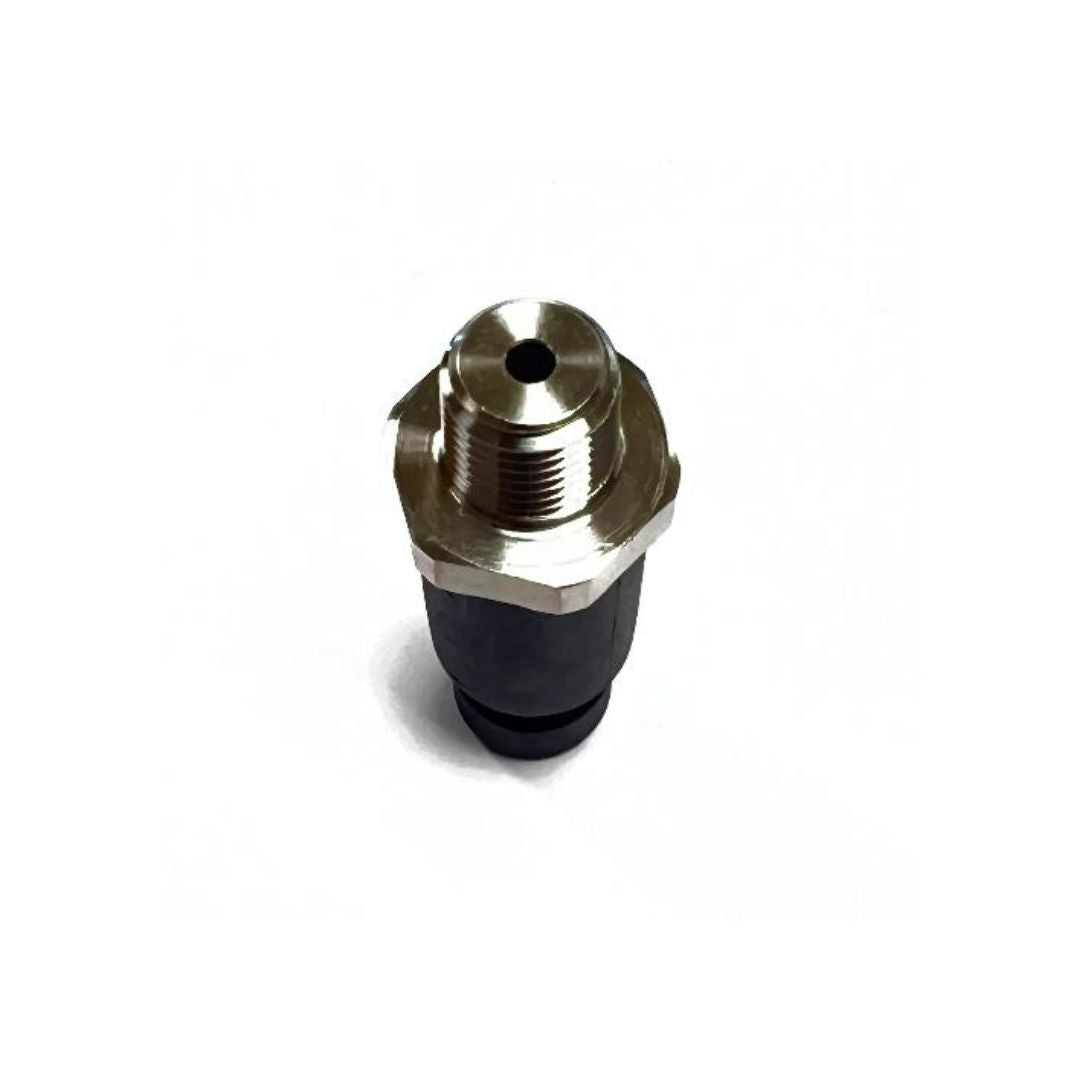 Silver and black mechanical component, most likely a metallic nozzle or fitting, with threading and a small hole, isolated on a white background. Ideal for applications requiring the Raven Pressure Transducer/Sensor with specifications like 0-250 PSI and compatibility with Metripack connections.