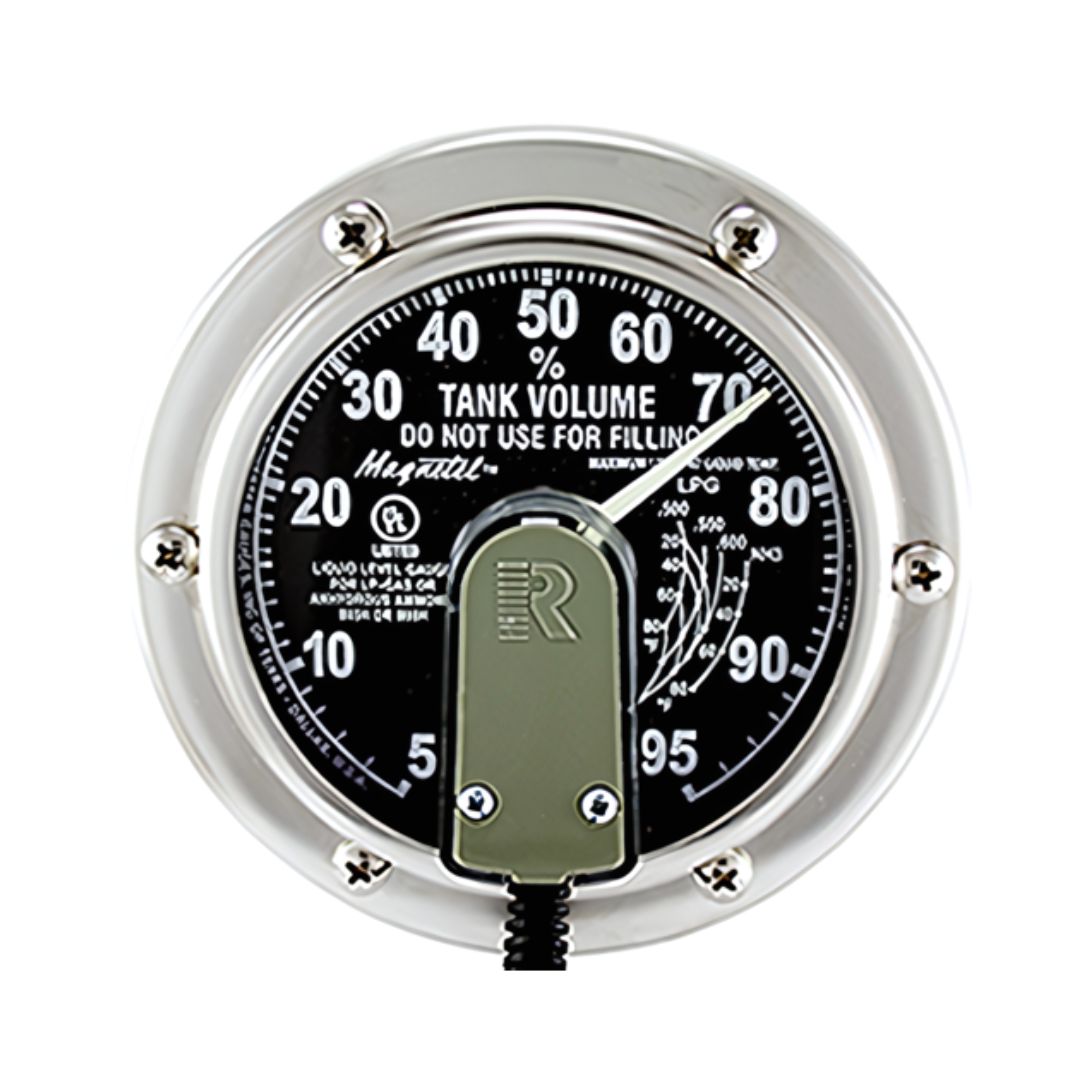A close-up view of the Rochester Magnetel 4" Dial - 5-95%, LPG/NH3 (5APKS03045) tank volume gauge by Rochester, featuring a black dial with white markings that indicate various percentages and volume levels for LPG level monitoring.