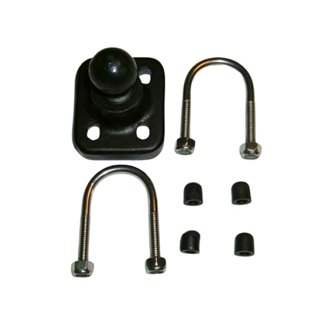 An Outback Mounting Ball - 1" with 2 U-Bolts kit (STX/STS Systems, model number 604-0024-000#), including a ball mount, two u-bolts, four nuts, and four black rubber caps, all showcased against a plain white background.