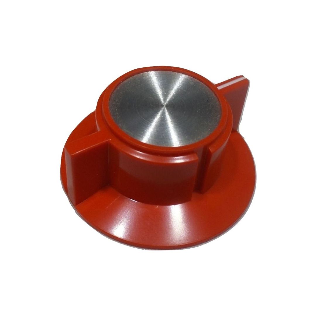 The Liquid Controls Red Knob Control Switch for LCR/LCR2 Series (70471) is a red control knob featuring a silver metal center and two side grips, essential for precise adjustments in liquid measurement systems.