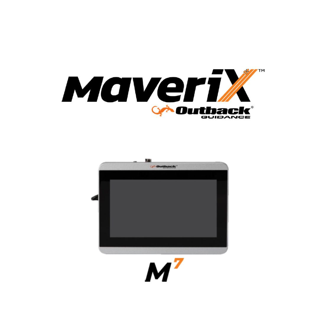 An Outback MaveriX M7 Terminal, equipped with an HD touchscreen, is displayed against a white background.