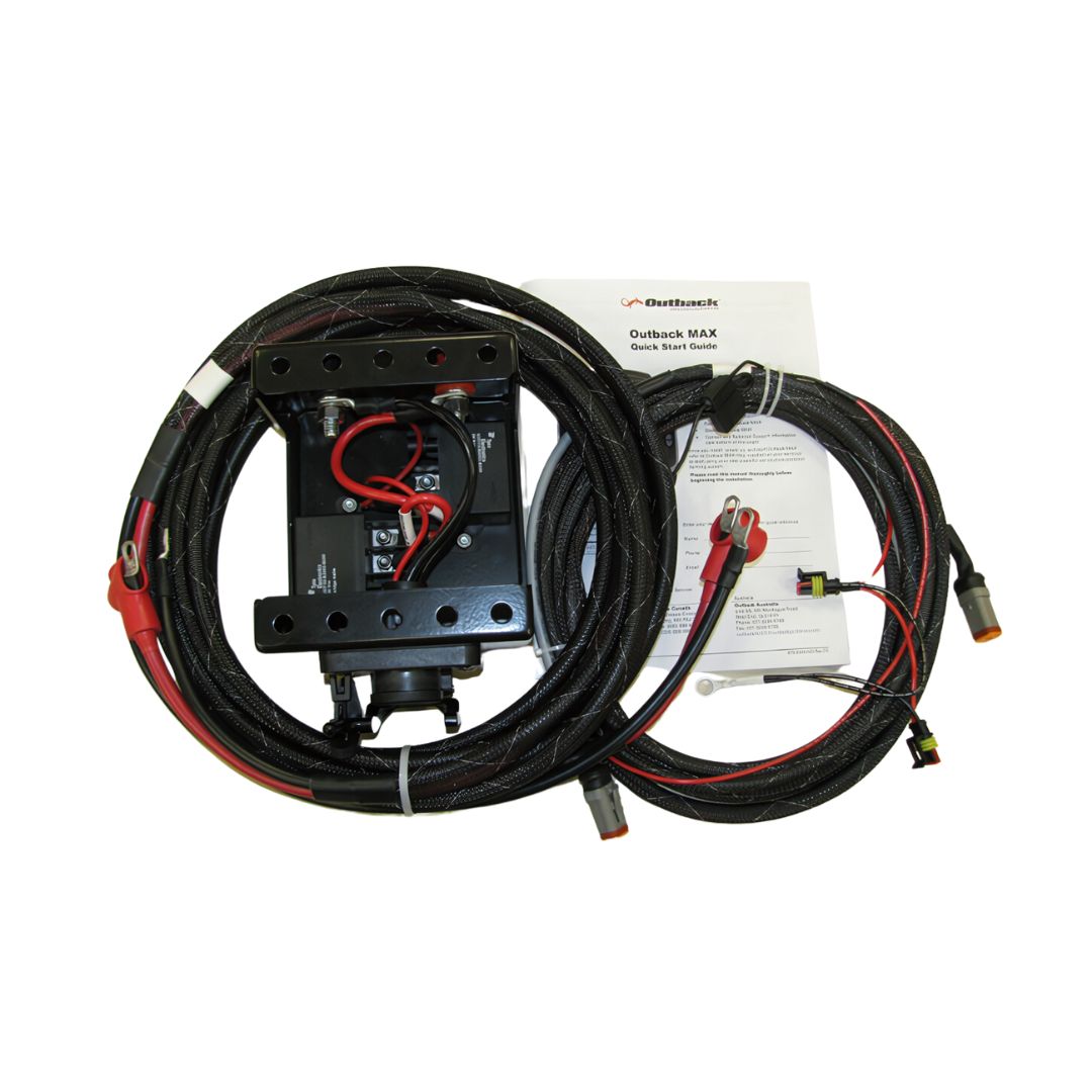 The Outback ISOBUS Retro-fit Kit - 21 ft for Rebel & Max Systems (910-5006-000#) is displayed on a white background, featuring coiled cables, connectors, and a black control box with an instruction sheet to highlight its seamless ISOBUS compatibility.