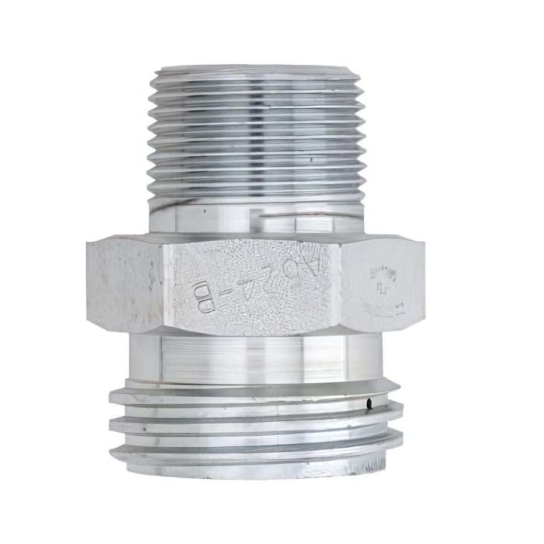 The Continental NH3 Adapter - 1" MPT x 1-3/4" Male ACME, a zinc-plated steel metal hex nipple adapter with threaded ends for connecting pipes, is displayed against a plain white background. Suitable as an NH3 adapter for anhydrous ammonia systems.
