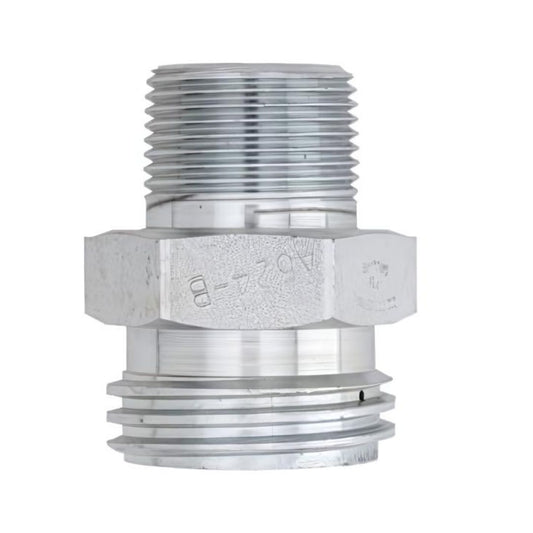 The Continental NH3 Adapter - 1" MPT x 1-3/4" Male ACME, a zinc-plated steel metal hex nipple adapter with threaded ends for connecting pipes, is displayed against a plain white background. Suitable as an NH3 adapter for anhydrous ammonia systems.