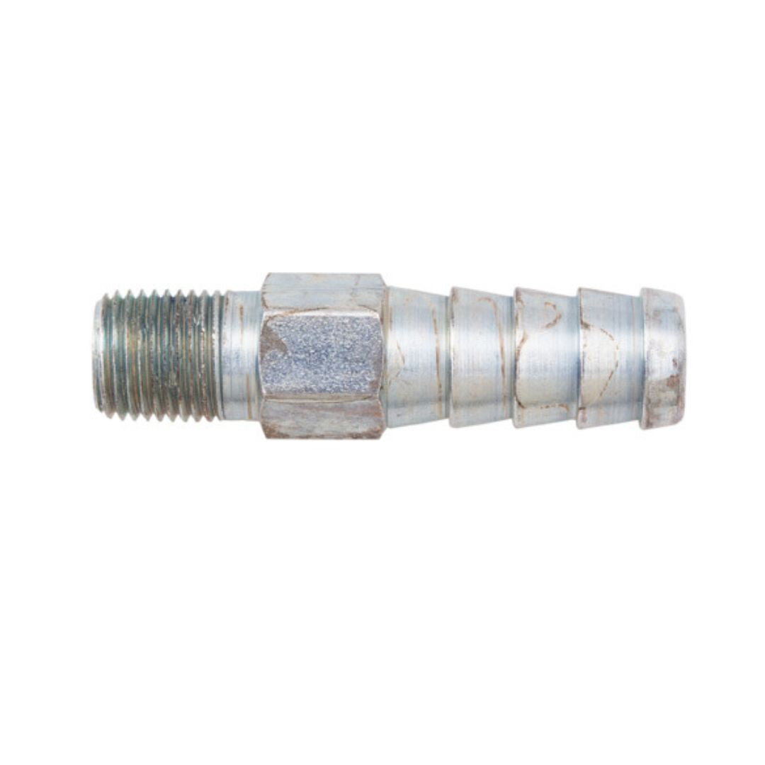 The Continental Hose Barb, 1/8" NMPT x 1/4" NH3, is a nylon fitting equipped with a threaded end on the left and a barbed end on the right, making it ideal for NH3 applications and connecting flexible tubing to pipes.