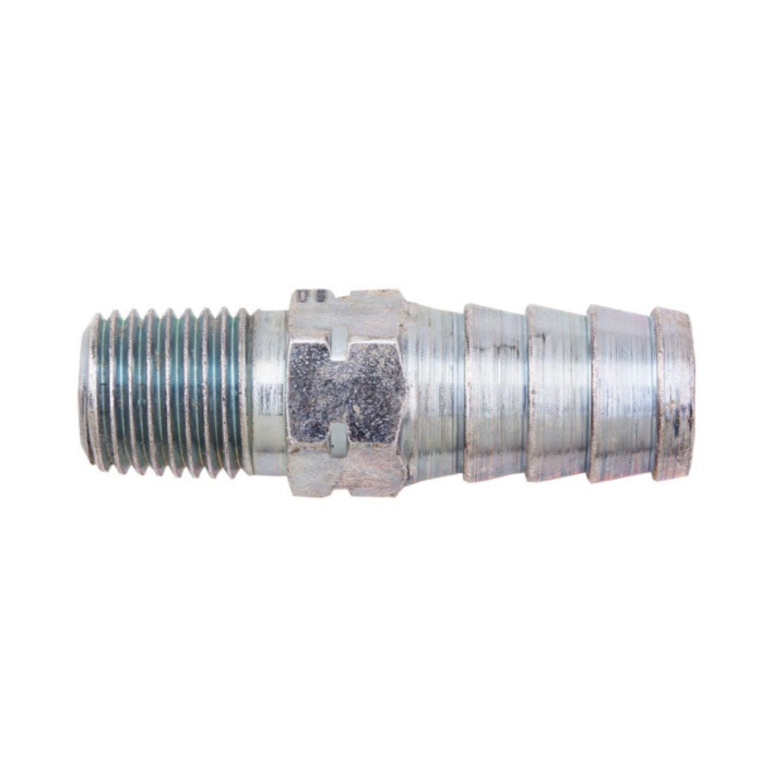 Introducing the Continental Hose Barb, 1/8" NMPT x 1/2", featuring a ridged design on one end and a threaded end on the other, making it perfect for fluid transfer in NH3 applications.