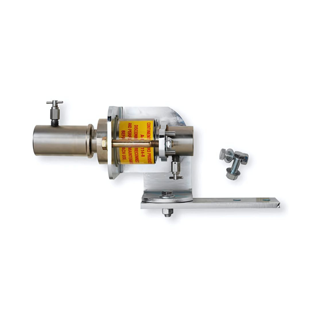 The Continental 1-1/4" Tool Bar Coupler With Bracket by Continental is a stainless steel industrial component featuring bolts, yellow and red labeling, and mounting hardware on a white background, designed with an increased flow feature.