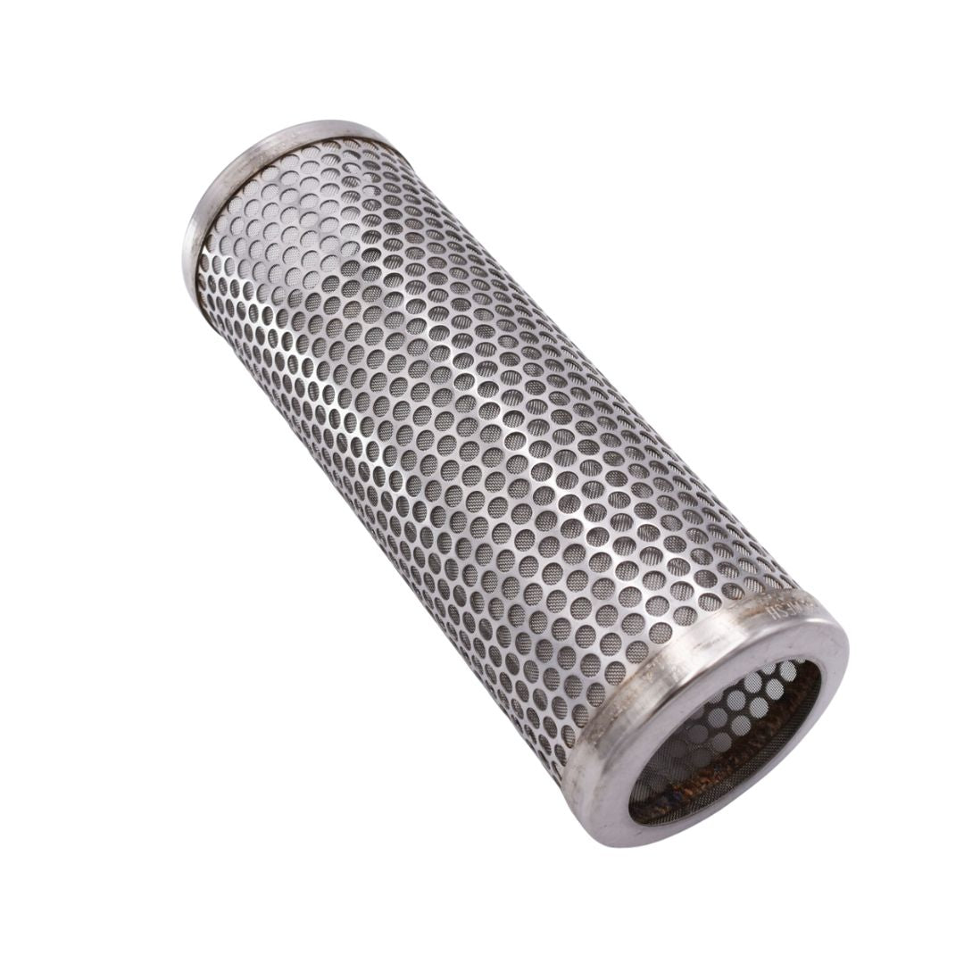 A cylindrical metal filter with a mesh design and perforations, like the Liquid Controls Strainer Basket - 80 Mesh Stainless Steel | F-7 (A2431), is used for filtration purposes in various liquid control systems.