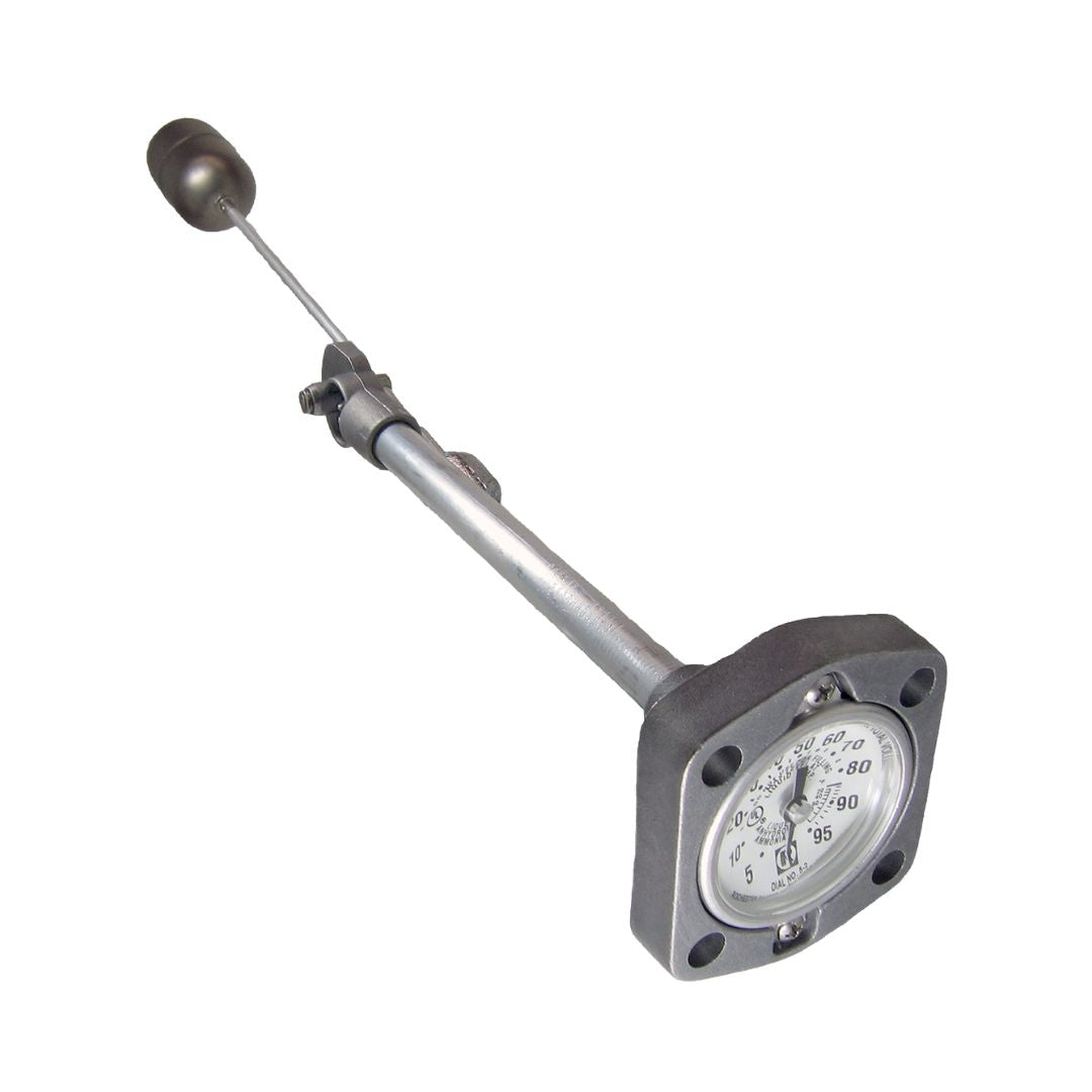The Rochester Senior Gauge - 46" End Mount (A6283-1-46), featuring a robust metal housing, float arm, and dial indicator, accurately measures liquid levels and is suitable for anhydrous ammonia service. It operates reliably across a wide temperature range.