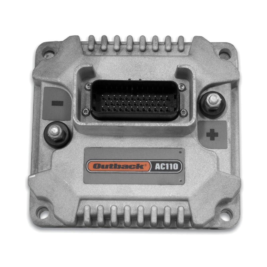 A rectangular electronic control unit branded "Outback," labeled as the "Outback AC110 ECU for MaveriX (910-5007-10#)," features a centrally located connector port and terminal posts on either side. It is ideal for modern agriculture and precision application control.