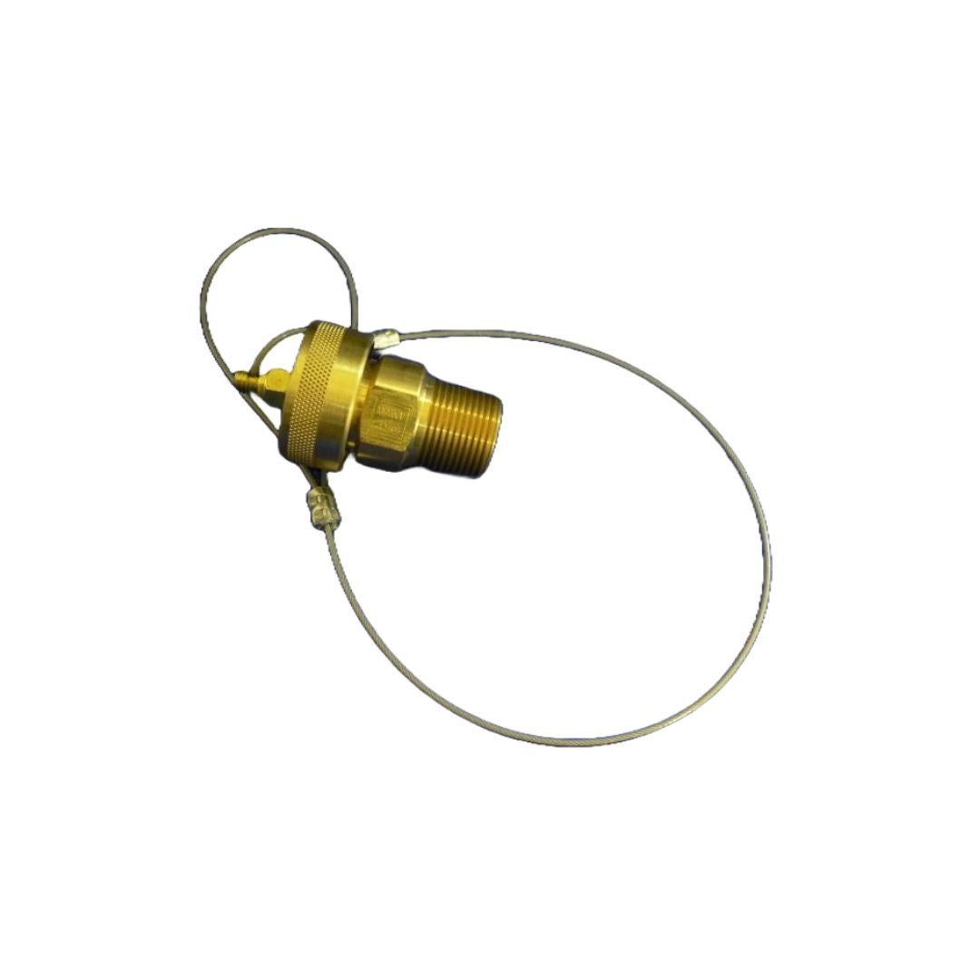 The Acme Cryogenics Fixed End Assembly - 1" MNPT Brass | CO2 (320-026-10B) is a machined brass threaded plug with an attached metal lanyard loop, ideal for securing and capping fluid or gas lines in CO2 systems.