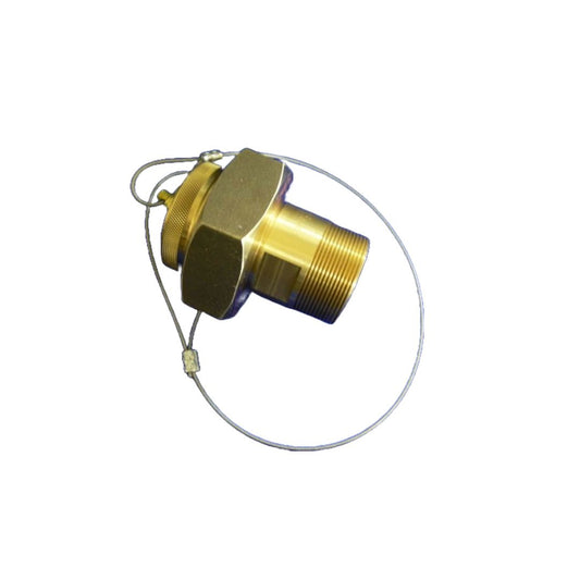 The Acme Cryogenics Hose End Assembly - 2" MNPT Brass | CO2 (320-032-20), featuring a hexagonal nut and attached safety wire, ideal for industrial applications such as CO2 transfer, is showcased on a white background.
