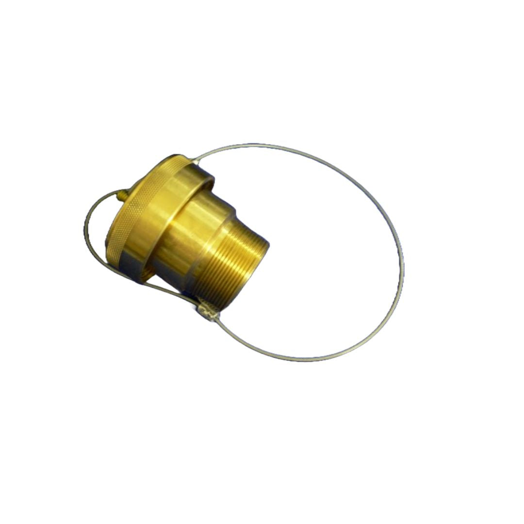 The Acme Cryogenics Fixed End Assembly - 2" MNPT Brass | CO2 (320-033-20B) is a durable machined brass assembly, featuring a threaded cap with an attached looped metal wire, isolated on a white background.