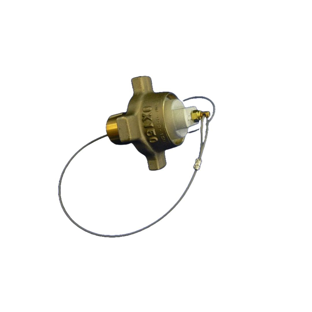 Acme Cryogenics Oxygen Hose End Assembly - 1-1/2" MNPT Brass (540-002-15) with an attached wire cable, ideal for liquid oxygen service.