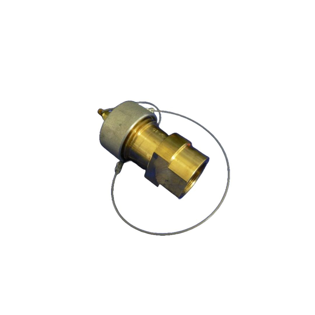 The Acme Cryogenics Fixed End Assembly - 1-1/2" FNPT Brass (540-046-15), designed for liquid oxygen applications, is shown with a wire attached against a white background.