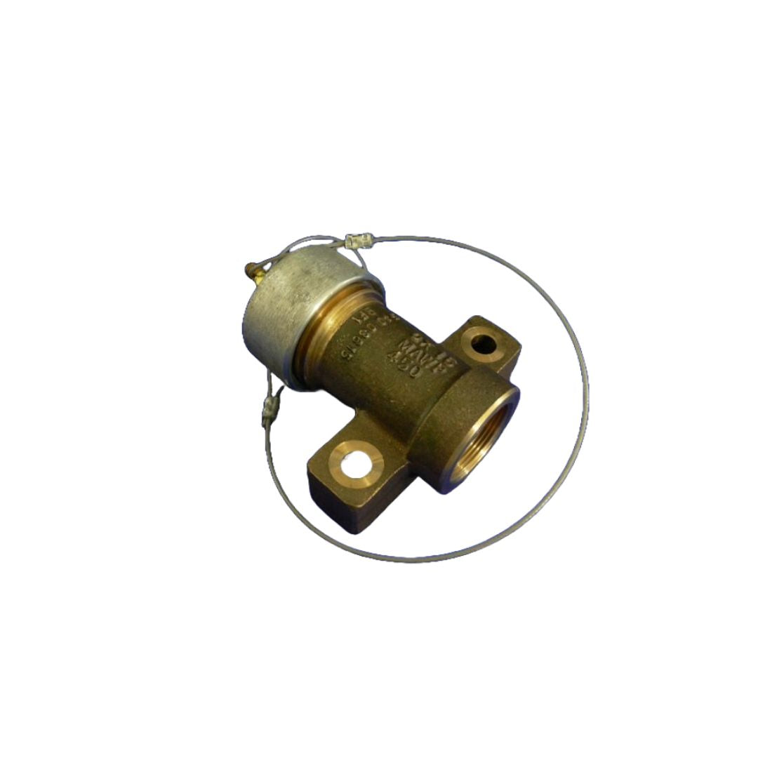 The Acme Cryogenics Oxygen Fixed End Assembly - 1-1/2" FNPT Bronze (540-049-15) features a cylindrical body with threaded ends and an attached metal wire loop. Constructed from durable cast bronze, this valve is ideal for oxygen applications in plumbing or fluid control systems.