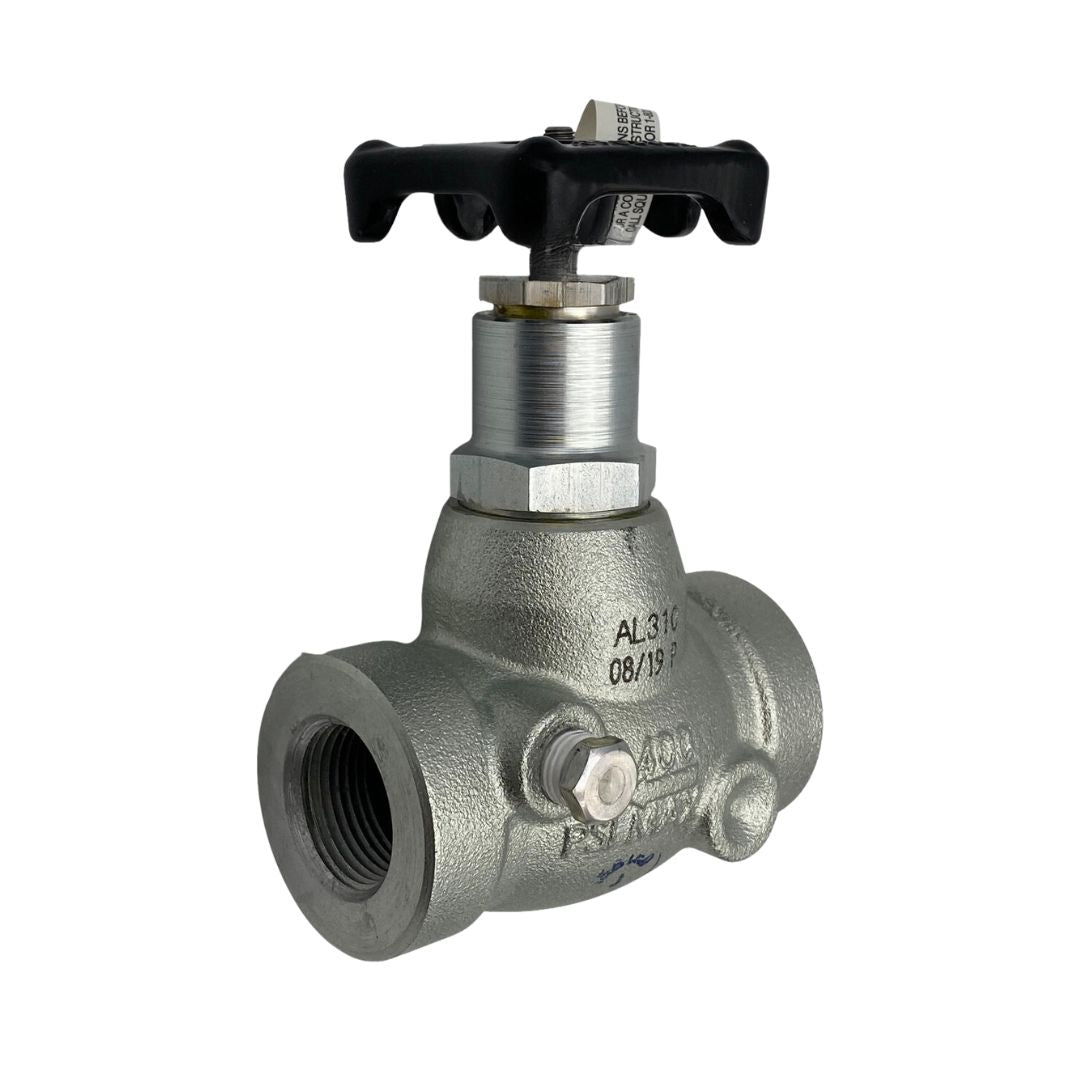 Metal valve with a T-shaped black handle and threaded connections on both sides, marked with specifications, used for controlling fluid flow in plumbing or industrial systems.