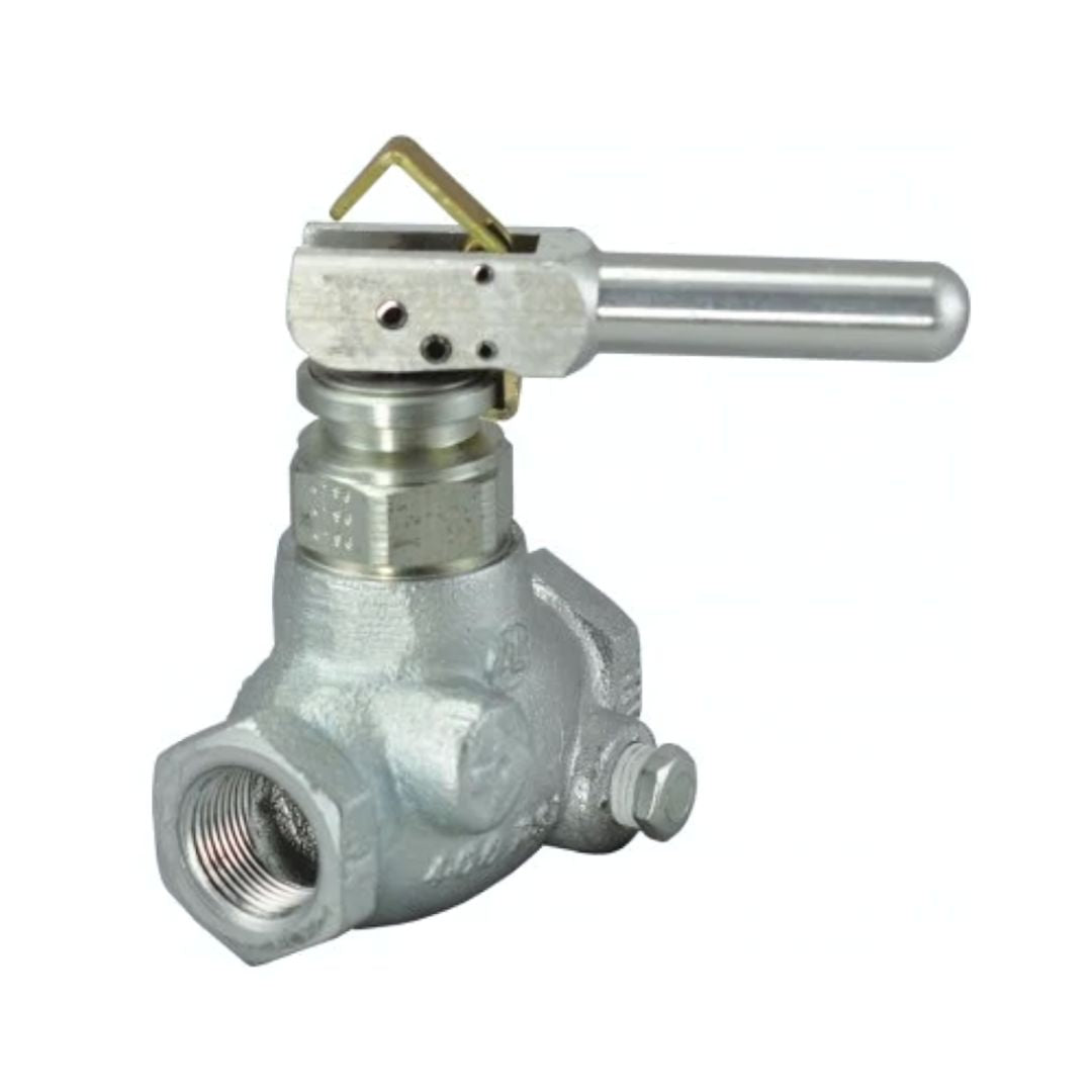 The Squibb Taylor 3/4" Quick Acting/Closing Valve, produced by Squibb Taylor, is a metal industrial valve with durable construction. It features a cylindrical handle and threaded pipe connection, making it ideal for fluid control in LP-Gas hose end service.