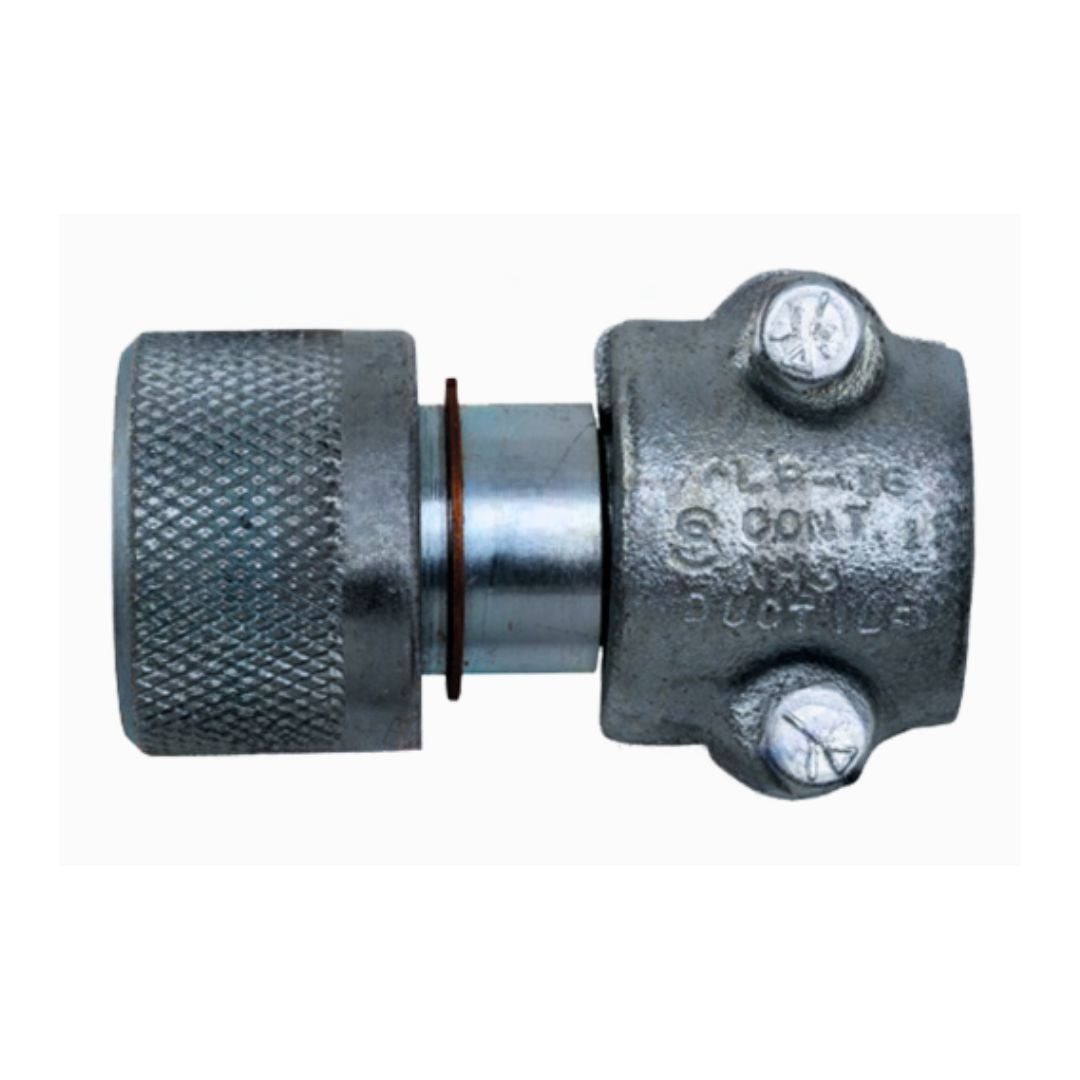 A close-up of a Continental Hose Coupling 1-1/4" x 1-3/4" Female ACME with a textured grip and two screws, designed by Continental for joining or securing pipes in agricultural environments.