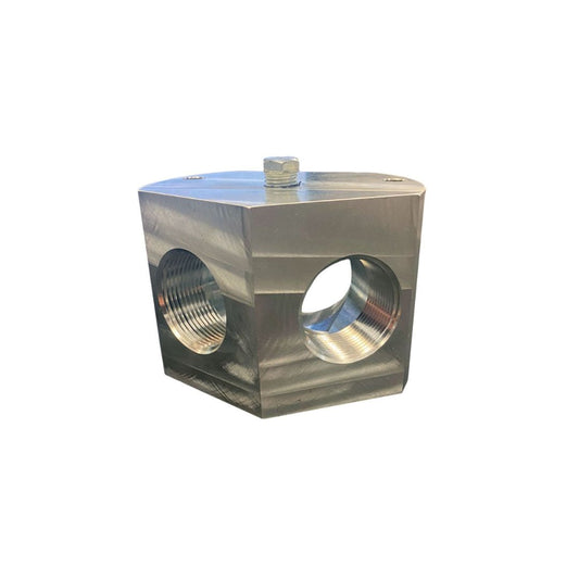 The Continental Flow Consolidator (Y Splitter), a metal cube-shaped component, features threaded circular openings on three sides measuring 2" FNPT and 1-1/4" FNPT, skillfully crafted for efficient fluid distribution across numerous industrial settings, displayed on a plain white background.