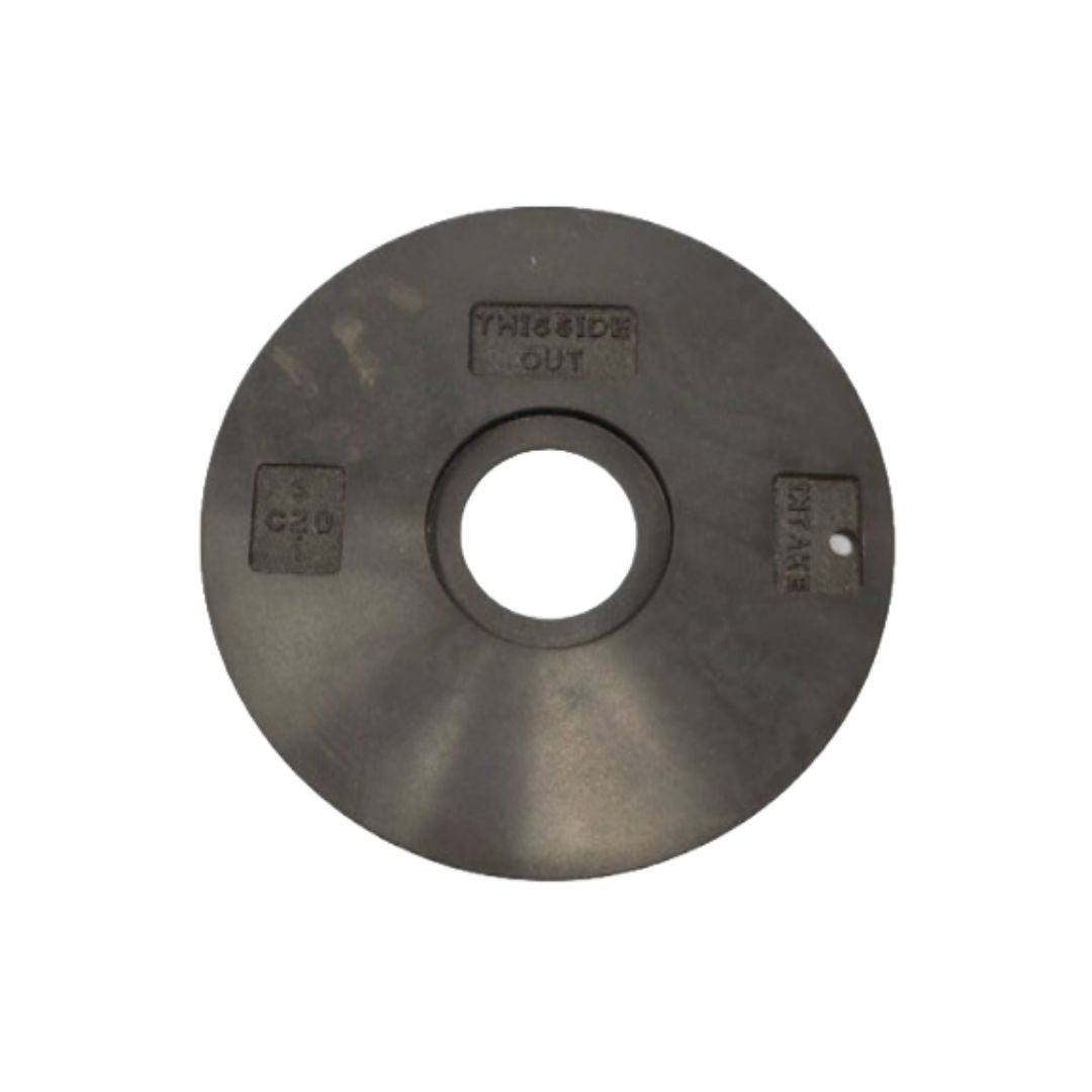 A Blackmer Side Plate for a 3" Pump (LGLD3F) used in LP Gas systems, featuring engravings such as "1 in," "C-20," "THIS SIDE OUT," and "RHW." It includes a central hole and a small side hole similar to the Blackmer Side Plate (065112).