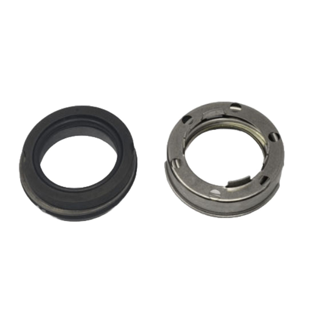 Two detached mechanical seals designed for an industrial pump are displayed. The left one is a black Blackmer mechanical seal, while the right one, identified as the Blackmer Mechanical Seal - 3" LGLD3F (335225), is metallic with multiple holes around its edge.