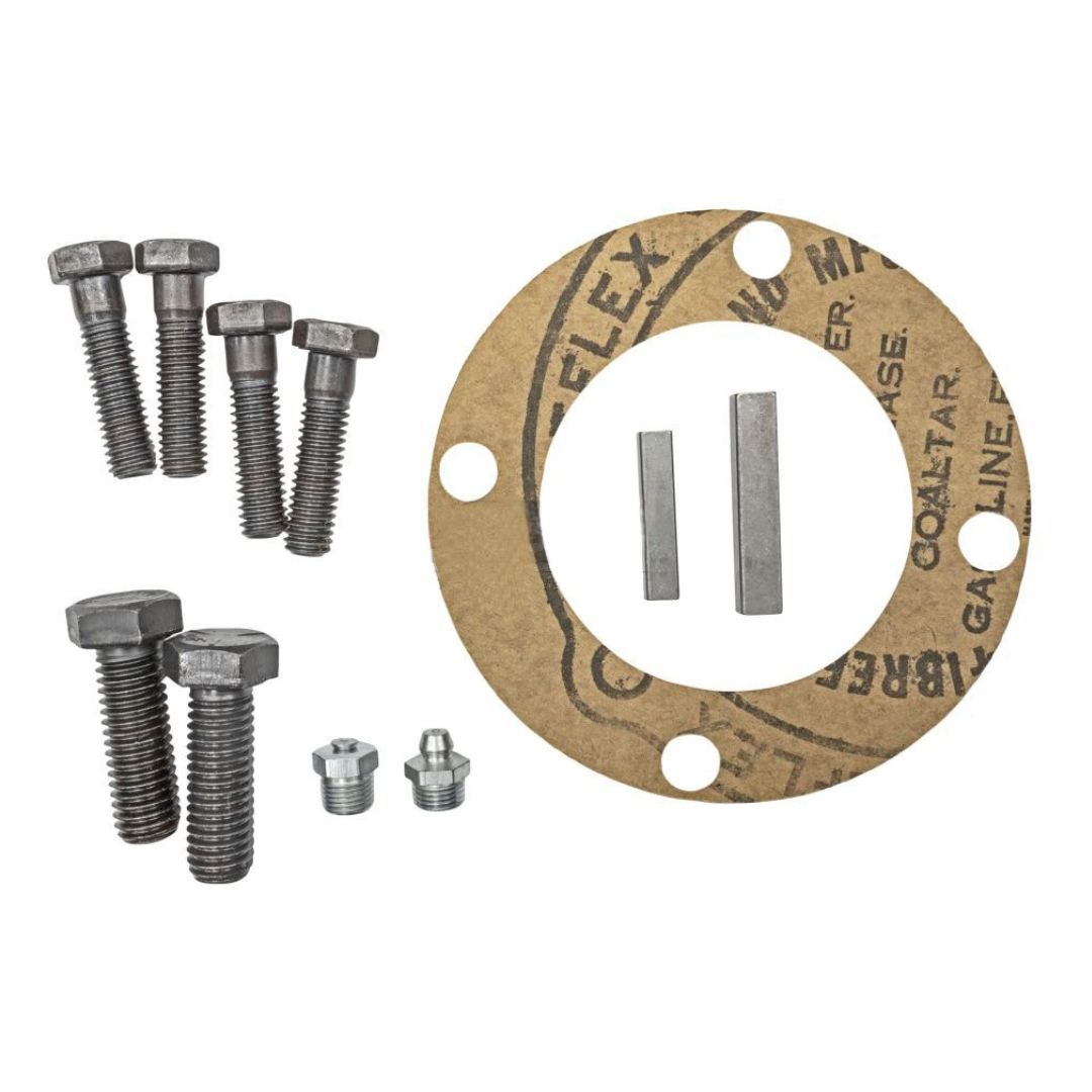 A set of metal bolts, screws, and a round gasket on a white background, ideal for the Blackmer Hyd Motor Adapter Kit TLGLF3C in TX Model Pumps. Perfect for both agricultural and industrial applications.