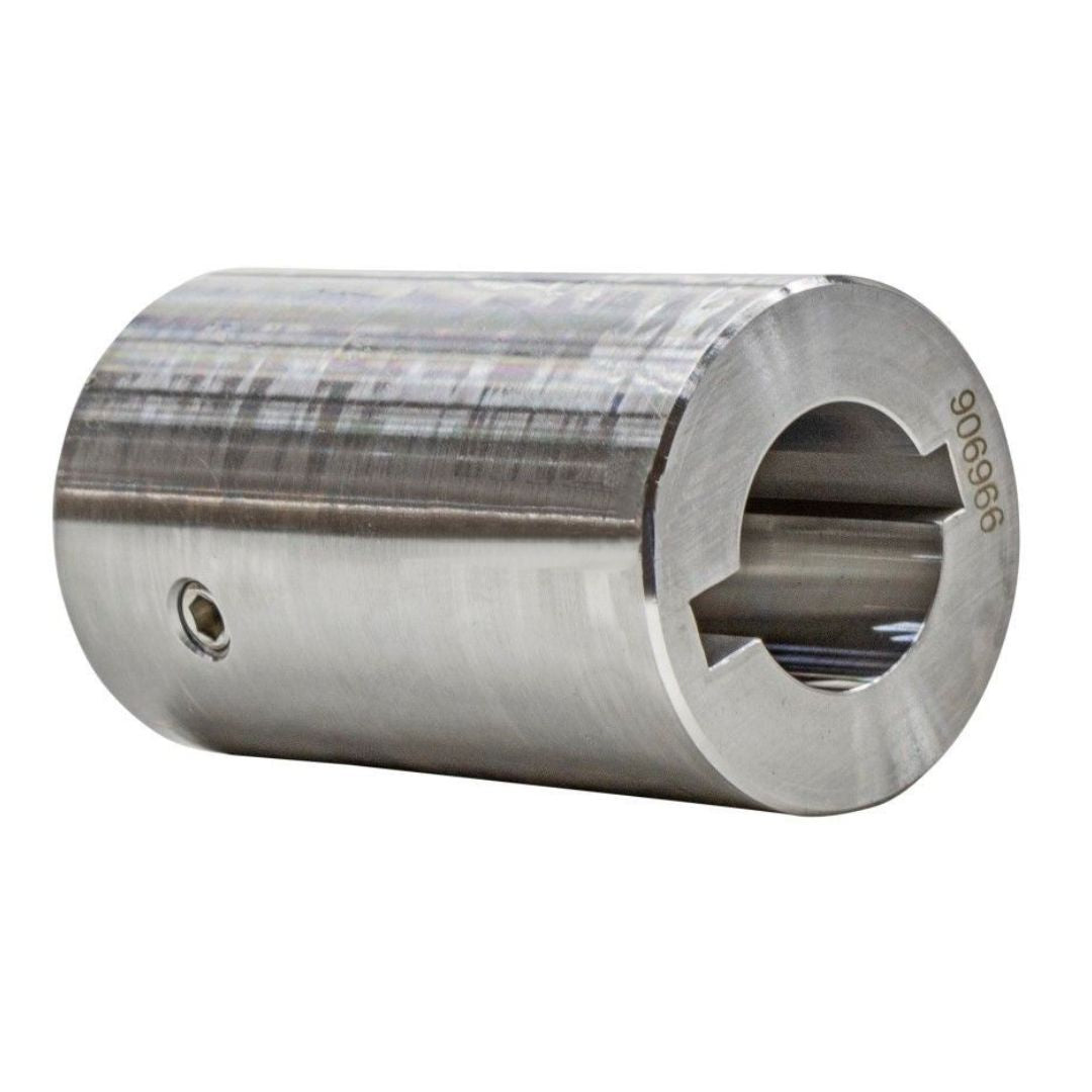 A sleek, cylindrical metal coupling with a smooth, shiny finish, featuring a keyway slot and a small side hole, is ideal for both agricultural and industrial applications. It is specifically compatible with TX Model Pumps and the Blackmer Hyd Motor Adapter Kit TLGLF3C by Blackmer.