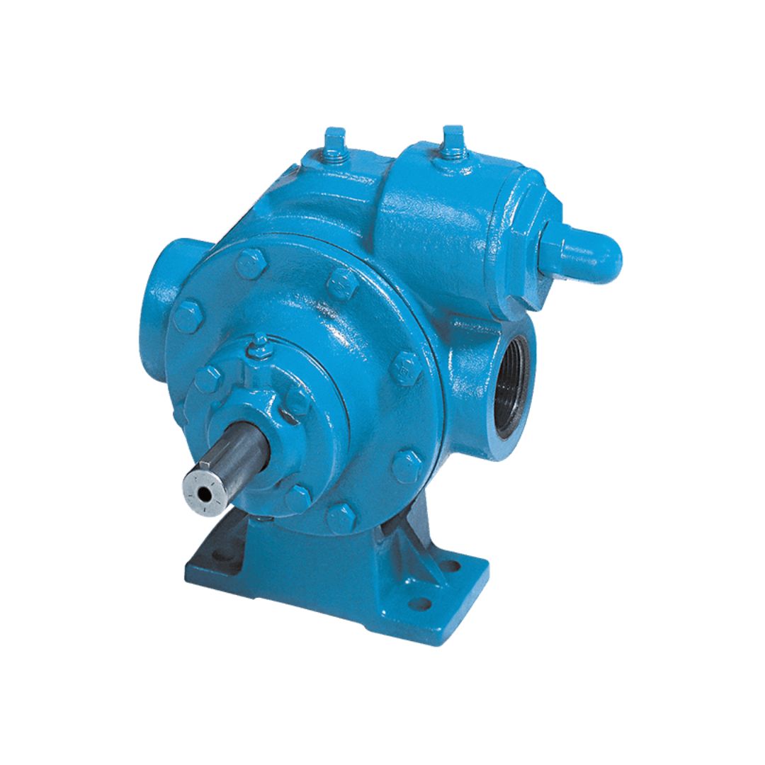 The Blackmer LPG Sliding Vane Pump - 1-1/4" NPT, NEMA C-Face Mount (LGLF1.25A) is an industrial rotary gear pump specifically designed for fuel transfer. It features multiple mounting bolts, an inlet and outlet, and a protruding drive shaft, all depicted against a white background.