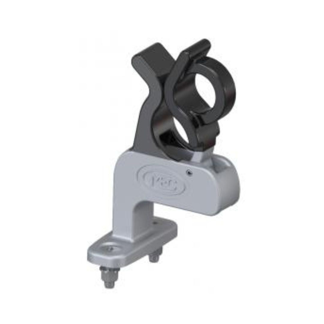 Marshall Excelsior Cast Aluminum Utility Shovel Bracket featuring a spring-loaded black and gray metal design with a clamp, securely mounted on a robust cast aluminum base with two screws.