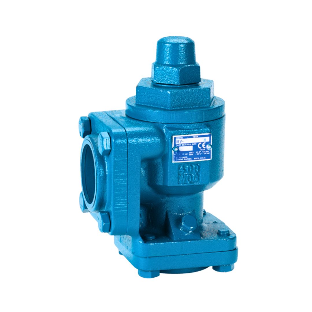 The Blackmer BV2A Bypass Valve features a blue industrial design with flanged sides, a hexagonal bolt on top, and a label indicating certification standards. This valve provides essential pump protection for LP Gas & NH3 applications, with 2" weld flanges and operates at 125 PSI.