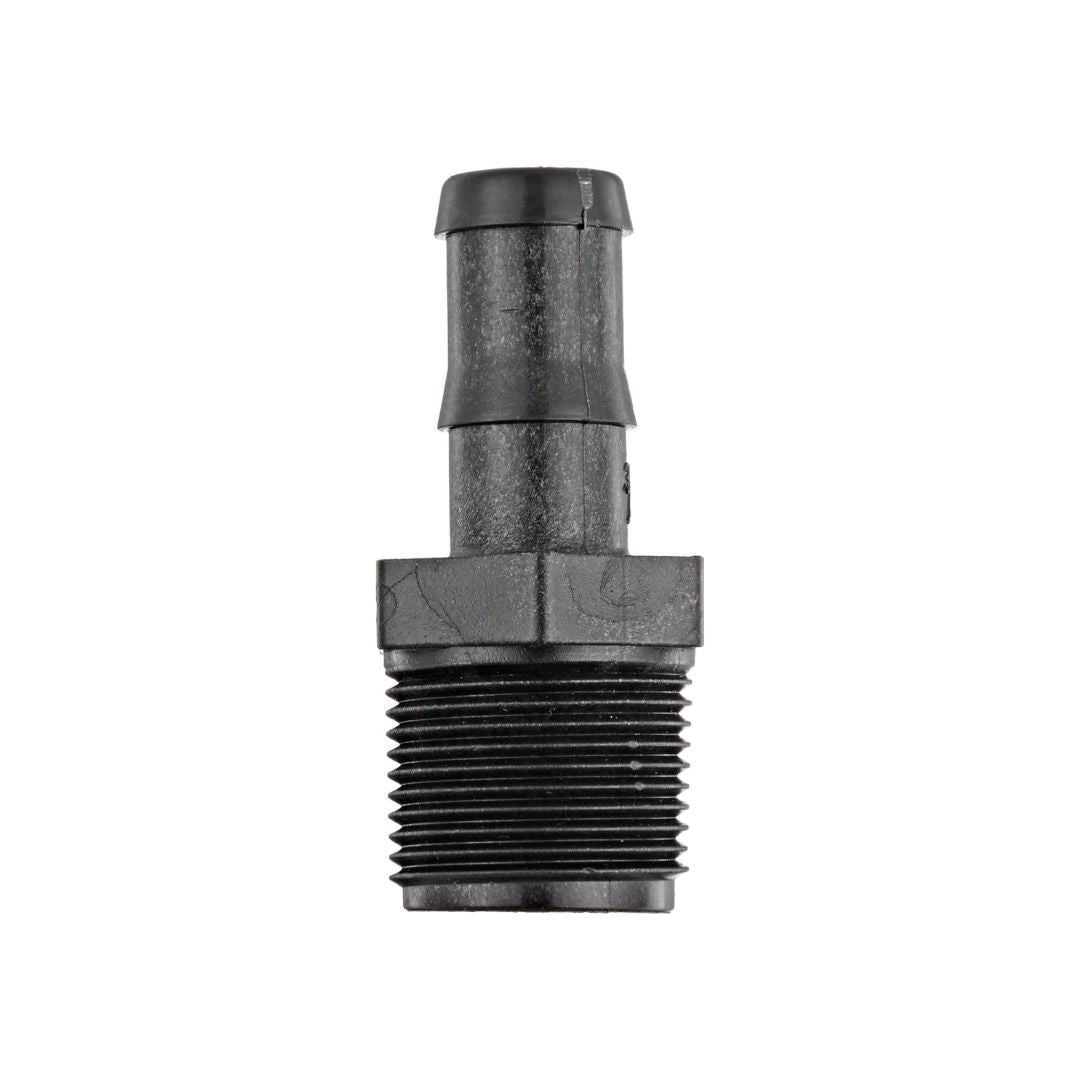 A close-up of a precision-molded Banjo 1" MNPT x 3/4" Hose Barb (HB100-075) adapter made from black plastic with a threaded end, designed for plumbing, automotive, agricultural, and industrial applications.