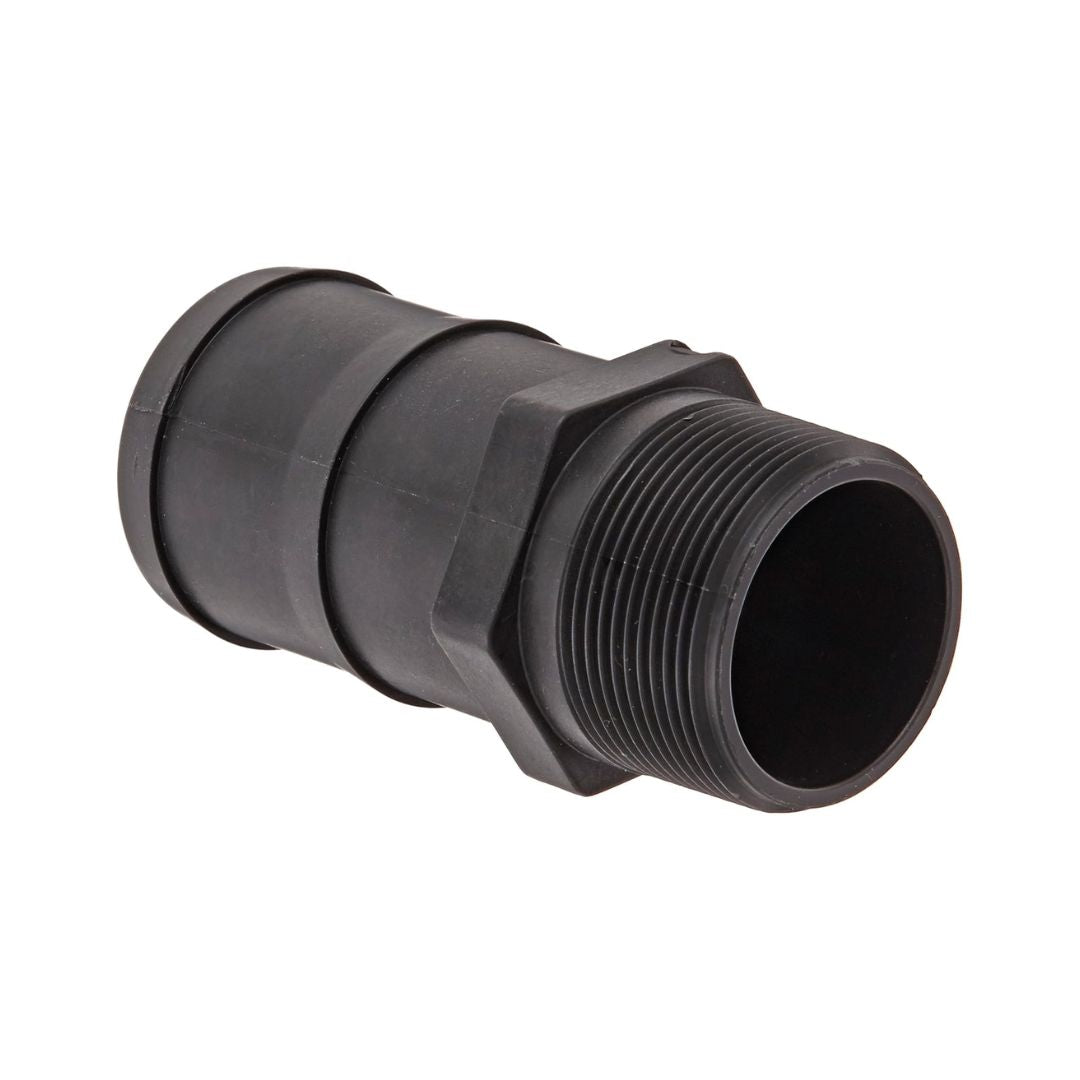 The Banjo HB150-200, a 1-1/2" MNPT x 2" hose barb connector made of durable black plastic, features a cylindrical shape with ribbed threading on one end, making it ideal for industrial and agricultural applications.