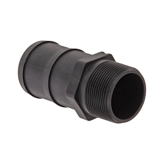 The Banjo HB150-200, a 1-1/2" MNPT x 2" hose barb connector made of durable black plastic, features a cylindrical shape with ribbed threading on one end, making it ideal for industrial and agricultural applications.